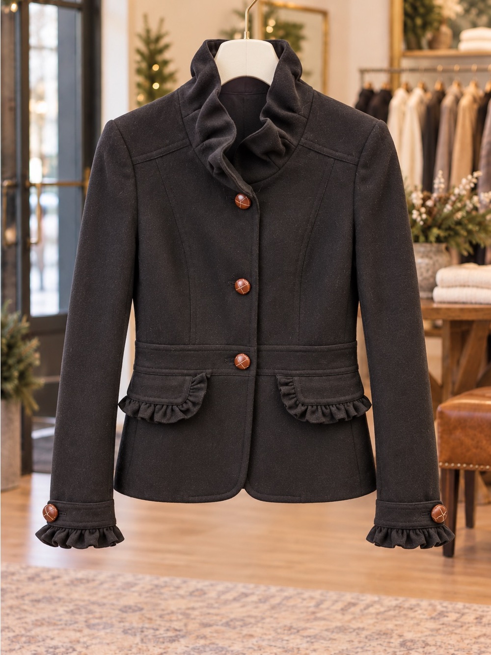 J.Crew Black Ruffle Trim Fitted Blazer Jacket Button Front Feminine Chic